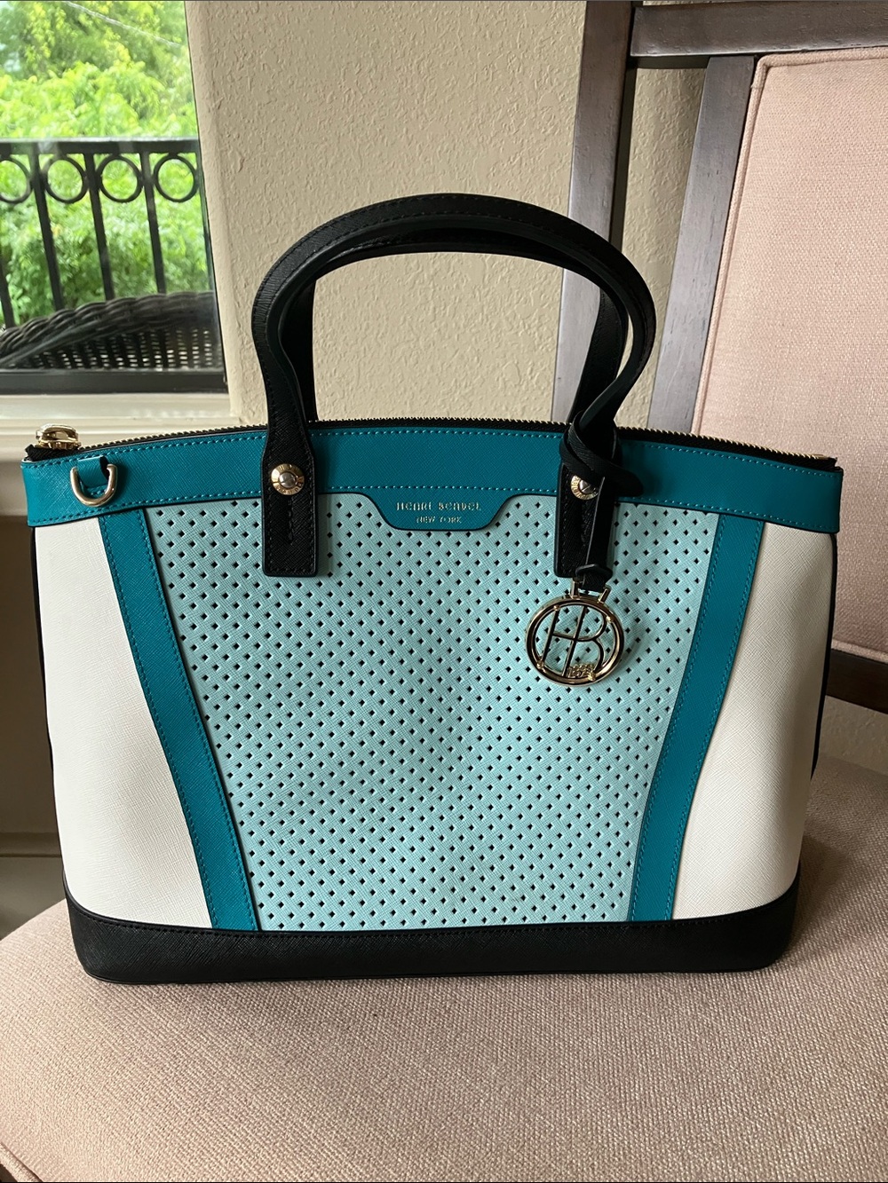🩵Henri Bendel Teal, White & Black Perforated Satchel🩵